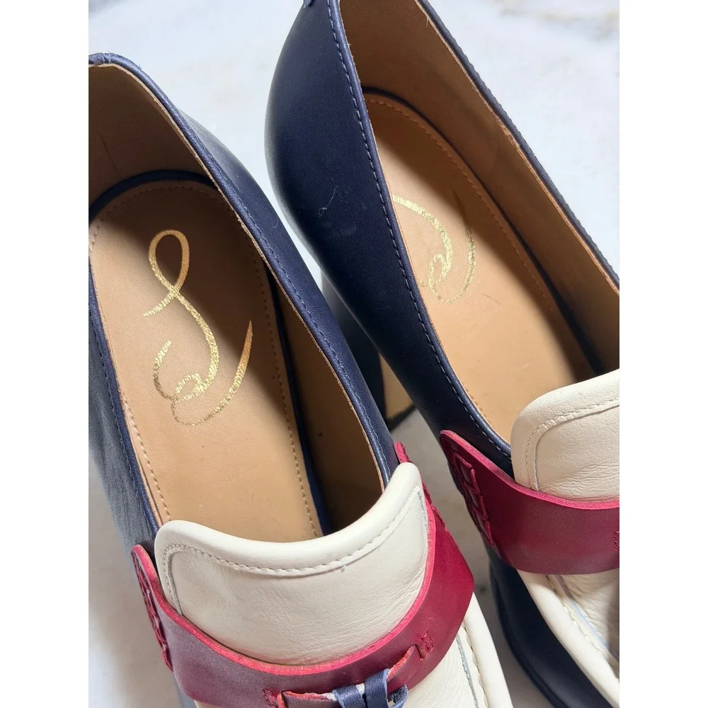 Sam Edelman Womens Jed Leather Platform Tassel Loafer Block Heel  Navy Cream 8.5 - Picture 7 of 11